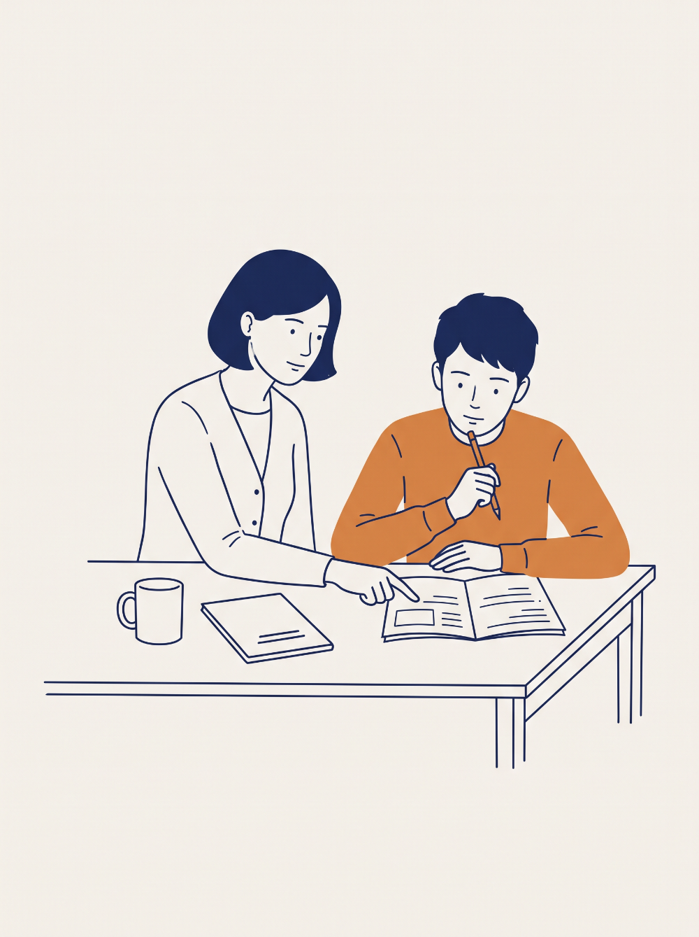 老師坐在學生身旁，指著講義引導學生思考